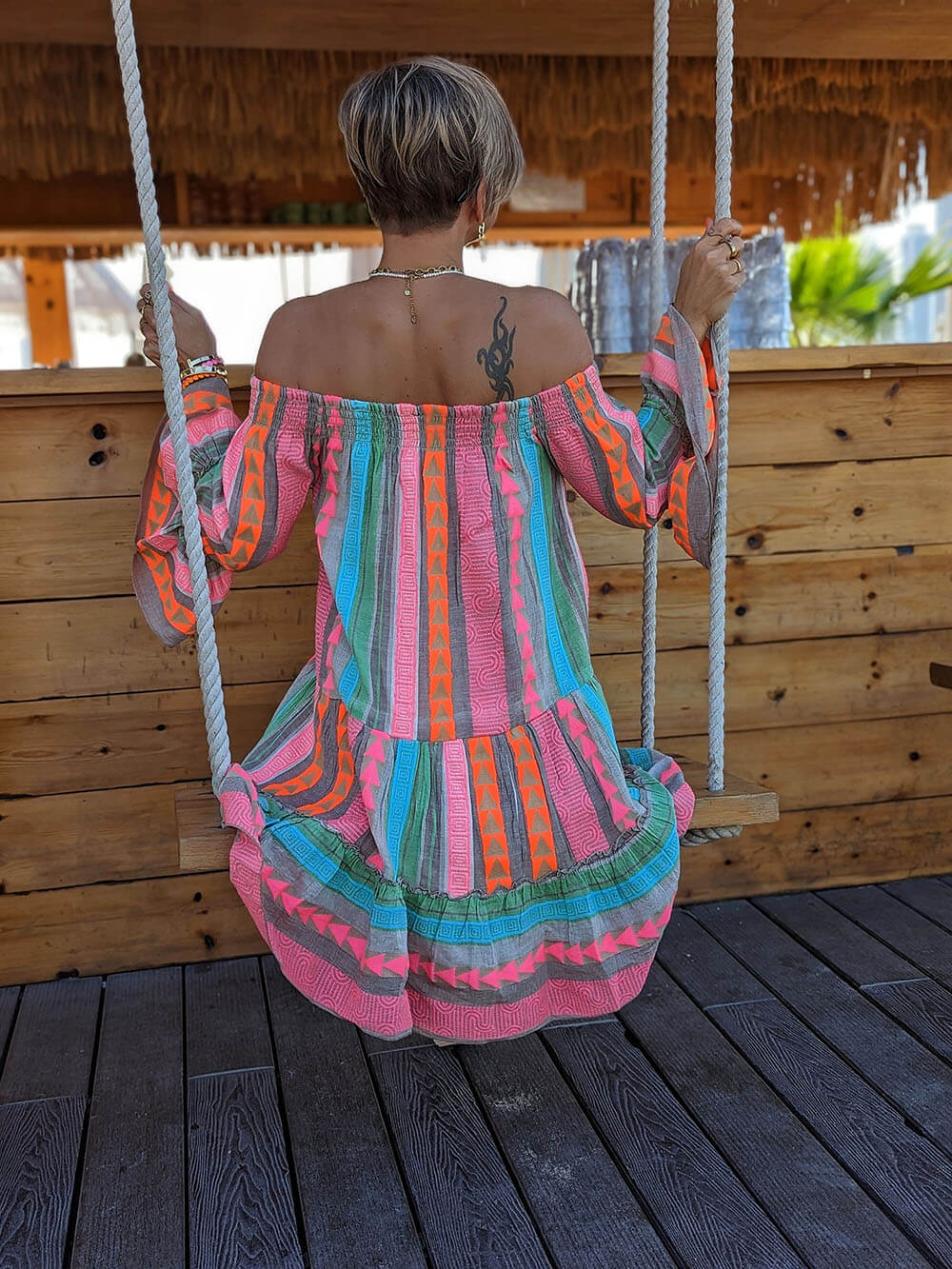 Ethnic Print Linen Blend Off Shoulder Loose Mini Dress Dresses
