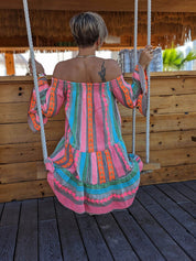 Ethnic Print Linen Blend Off Shoulder Loose Mini Dress Dresses