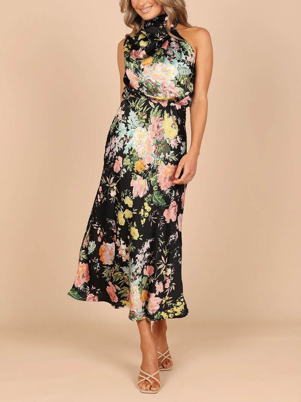 Halter Neck Floral Elastic Waist Maxi Dress Dresses