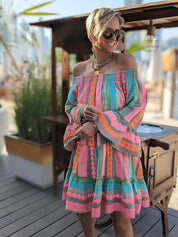 Ethnic Print Linen Blend Off Shoulder Loose Mini Dress Dresses