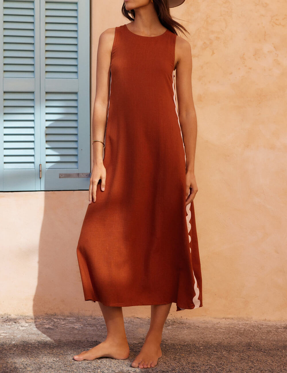 Stripes Side Wave Embellished Side Slit Loose Dress Brown Dresses