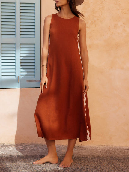 Stripes Side Wave Embellished Side Slit Loose Dress Brown Dresses
