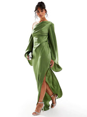 Green Asymmetrical Hem Satin Maxi Dress Green Dresses