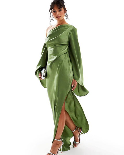 Green Asymmetrical Hem Satin Maxi Dress Green Dresses