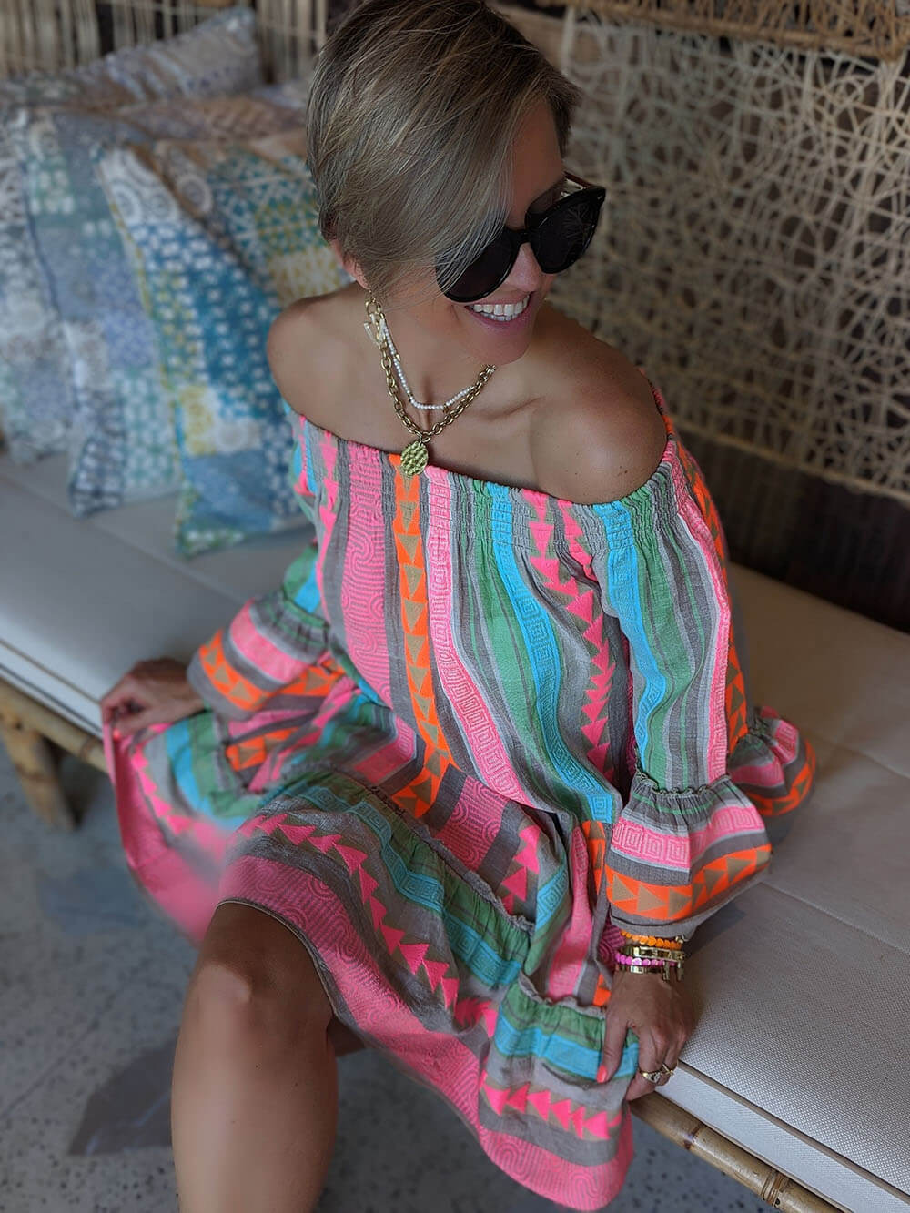 Ethnic Print Linen Blend Off Shoulder Loose Mini Dress Dresses