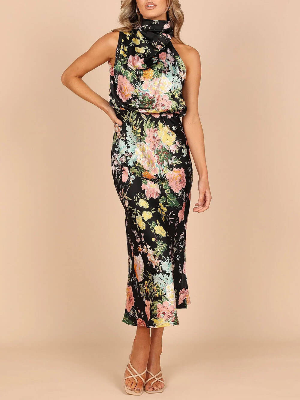 Halter Neck Floral Elastic Waist Maxi Dress Dresses
