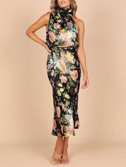 Halter Neck Floral Elastic Waist Maxi Dress Dresses