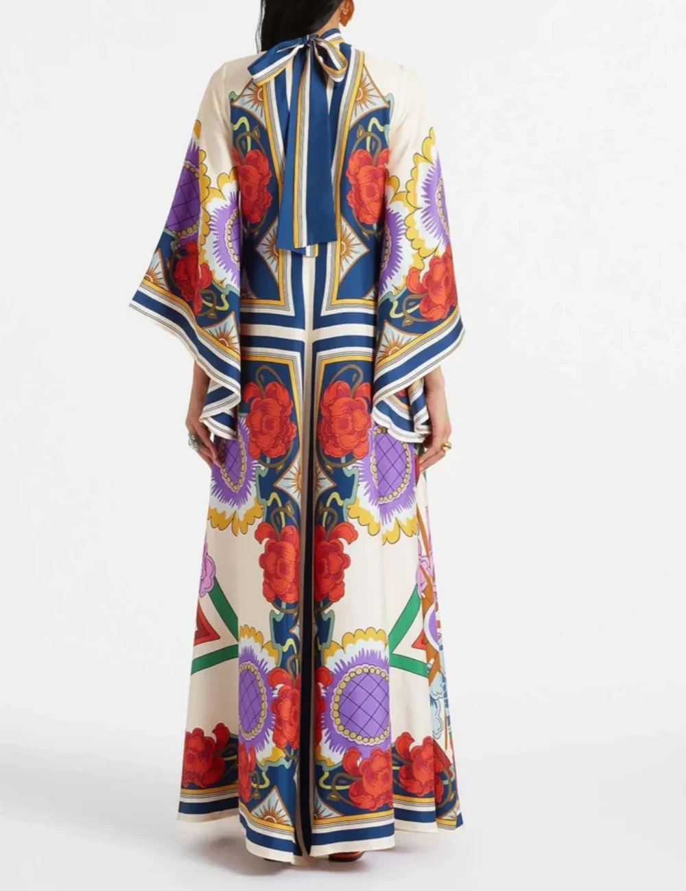 Exquisite Floral Print Draped Waterfall Sleeves Maxi Dress Dresses