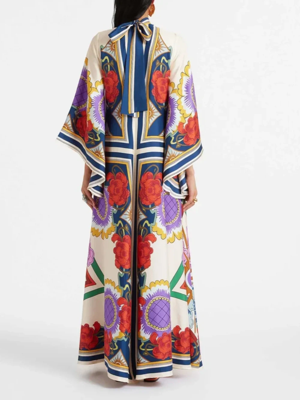 Exquisite Floral Print Draped Waterfall Sleeves Maxi Dress Dresses