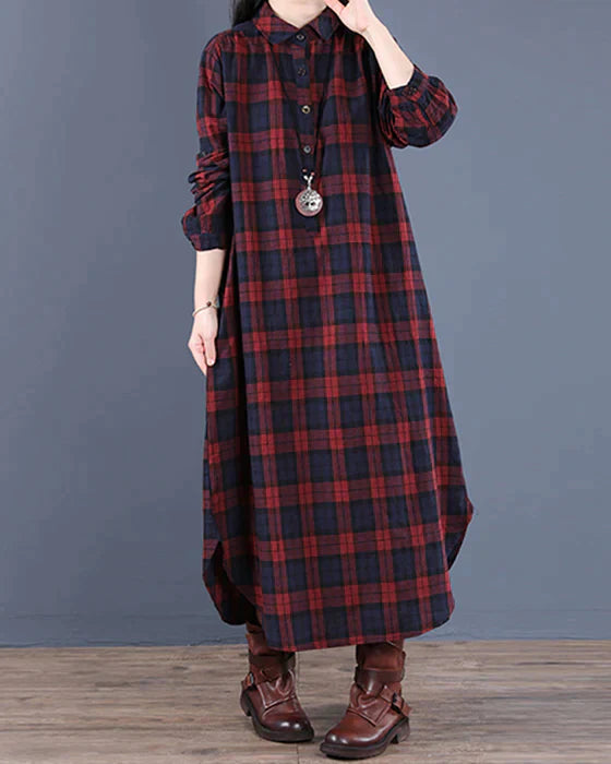 Riva Lefèvre | Plaid Long-Sleeve Shirt Dress Red Dresses