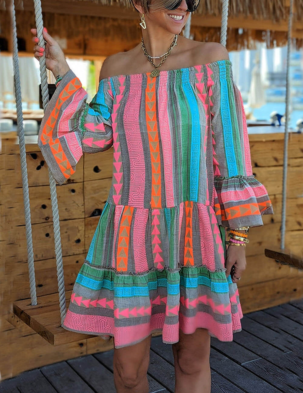 Ethnic Print Linen Blend Off Shoulder Loose Mini Dress Blue Dresses
