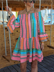 Ethnic Print Linen Blend Off Shoulder Loose Mini Dress Blue Dresses