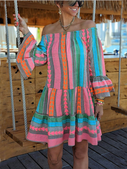 Ethnic Print Linen Blend Off Shoulder Loose Mini Dress Blue Dresses