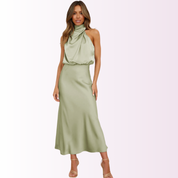 Elegant Off-Shoulder Maxi Dress with High Neck Sage Dresses