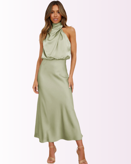 Elegant Off-Shoulder Maxi Dress with High Neck Sage Dresses