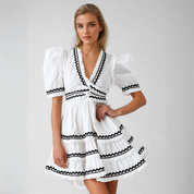 Sydney™ | V-Neck Striped Patchwork Flare Short Dress White Dresses