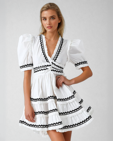 Sydney™ | V-Neck Striped Patchwork Flare Short Dress White Dresses