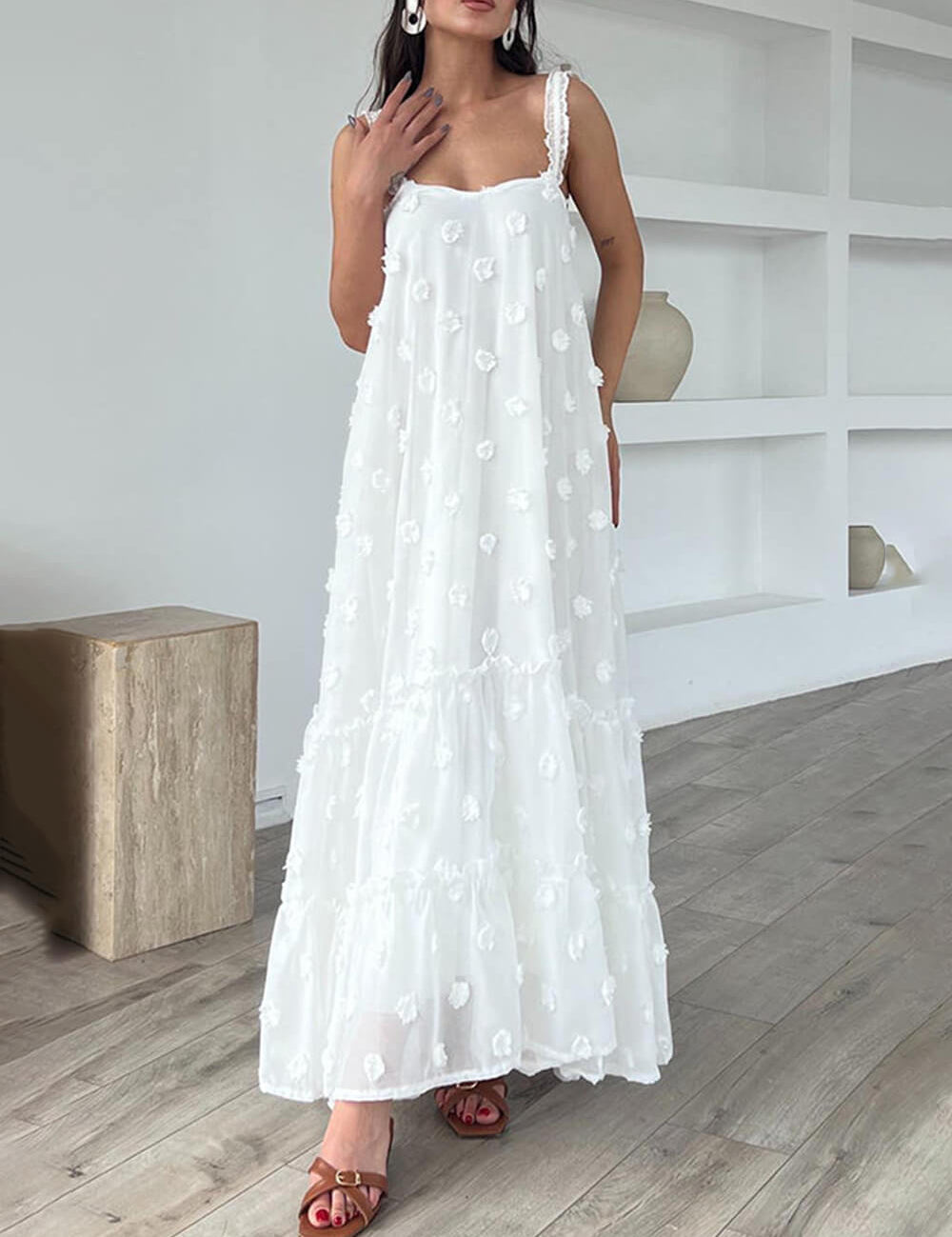 Flower Decor Pretty A-Line Layered Loose Maxi Dress White Dresses