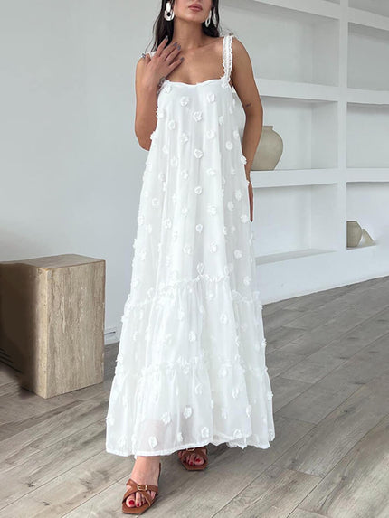 Flower Decor Pretty A-Line Layered Loose Maxi Dress White Dresses