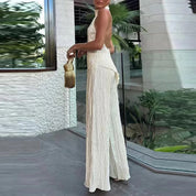Elegant Sleeveless Halter Crop Top & Wide‑Leg Pants Set Outfit Sets