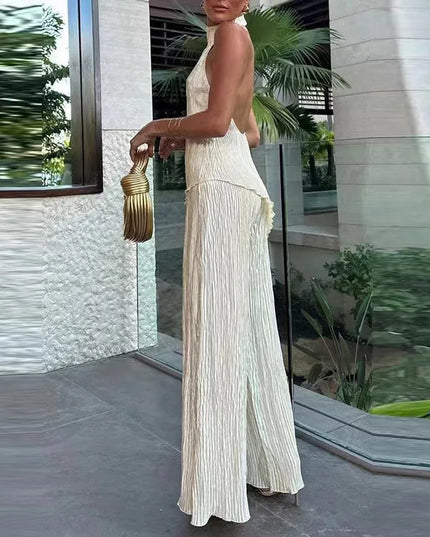 Elegant Sleeveless Halter Crop Top & Wide‑Leg Pants Set Outfit Sets