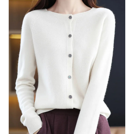 Pure Wool Ladies O-neck Cardigan Cashmere Sweater White Sweater
