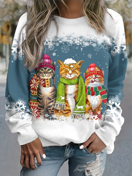 Cat Print Winter Sweatshirt Blue Women Winter Sweaters