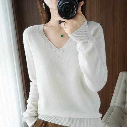 Women's Cashmere V-Neck Sweater White Sweater