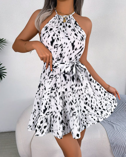 Leopard Print Ruffled Swing Dress White Dresses