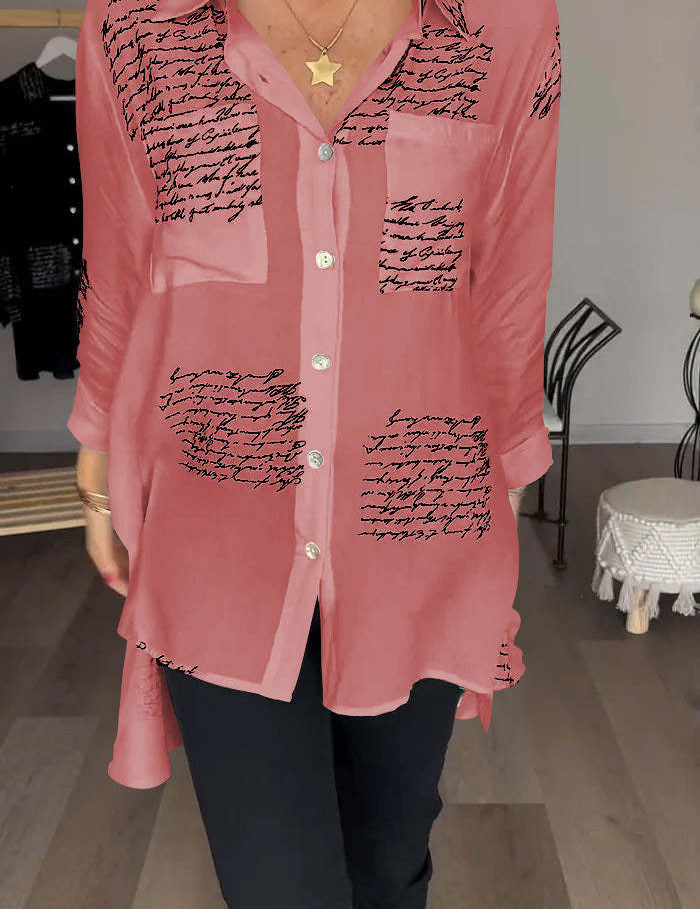 Lina | Letter Print Fashion Lapel Shirt Rose Pink Shirts & Tops