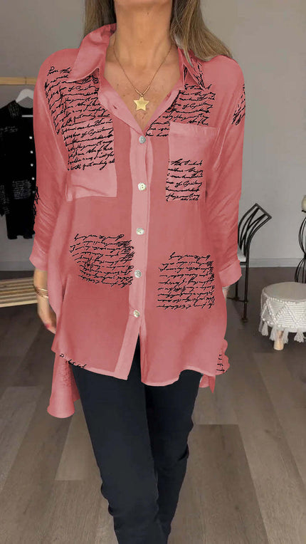 Lina | Letter Print Fashion Lapel Shirt Rose Pink Shirts & Tops