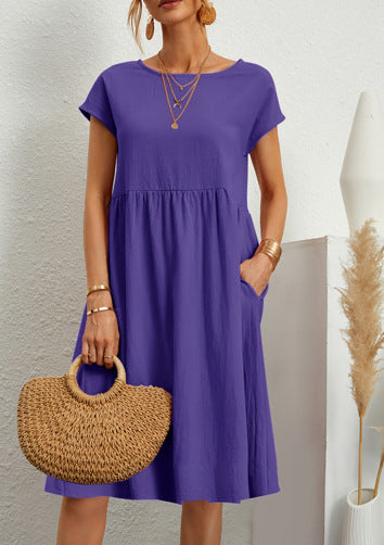 Women’s A‑Line Short‑Sleeve Dress with Pockets Purple Dresses
