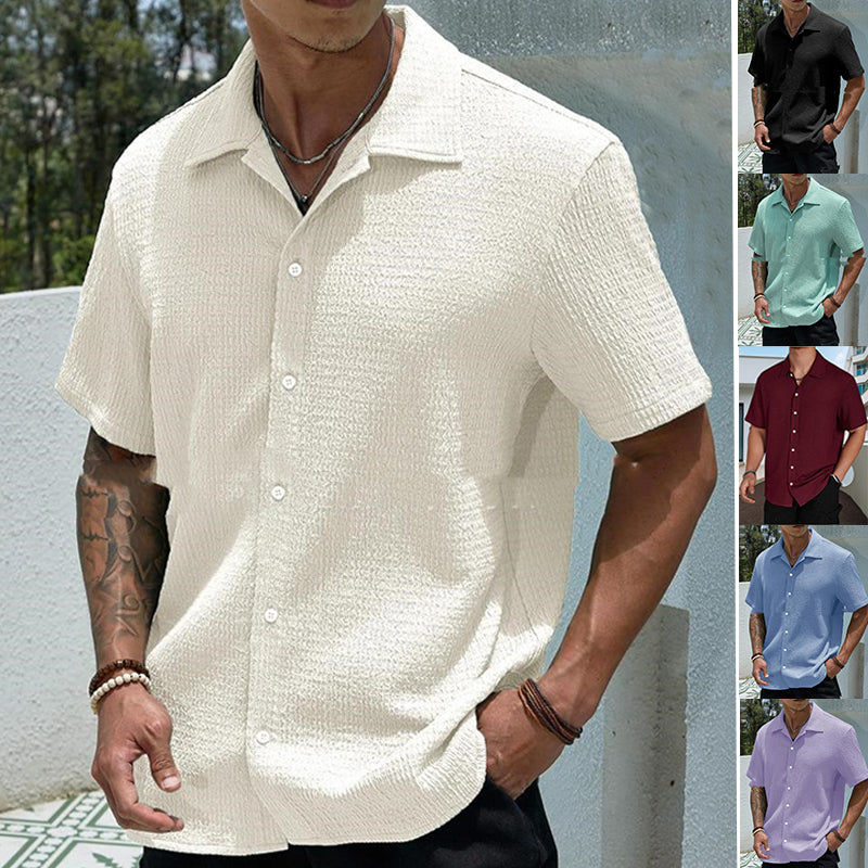 Men’s Solid-Color Short-Sleeve Button Lapel Shirt Shirts