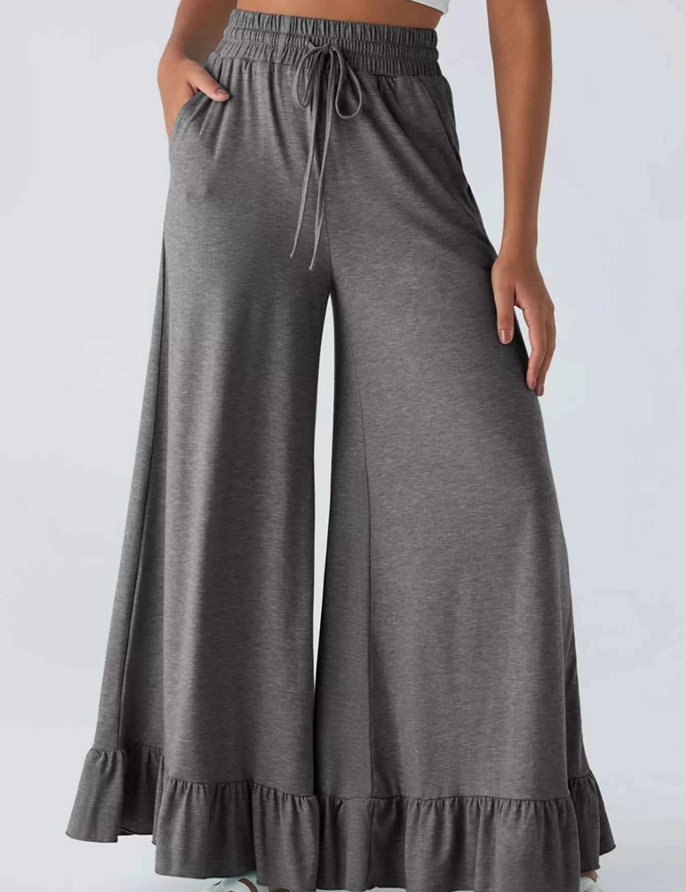 Ruffled Wide Leg Pull On High Waist Pants with Pockets