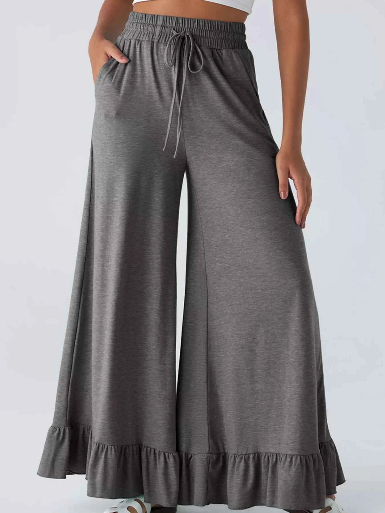 Ruffled Wide Leg Pull On High Waist Pants with Pockets