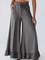 Ruffled Wide Leg Pull On High Waist Pants with Pockets