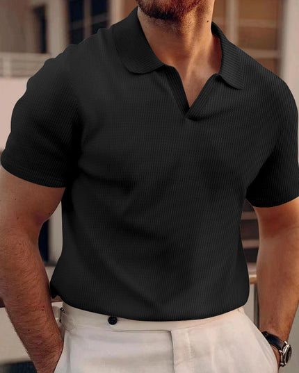 Men's INS Waffle Lapel Short-Sleeved Polo Shirt – Summer Solid Color V-Neck Black Polo Shirts