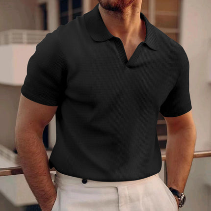 Men’s Waffle Lapel V‑Neck Short‑Sleeve Polo Black T-Shirts
