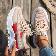 Women’s Flyknit Mesh Lace-Up Sneakers Khaki Red Gray Sneakers