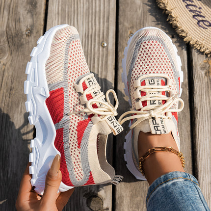 Women’s Flyknit Mesh Lace-Up Sneakers Khaki Red Gray Sneakers