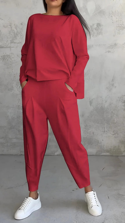 Women's Irregular Long-Sleeve Top & Harem Pants Set Red set