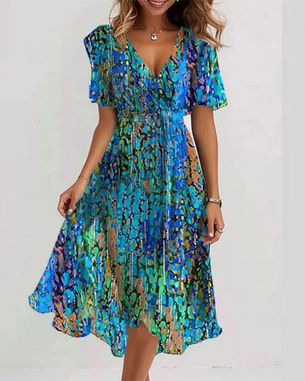 Women's Chiffon Printed V-Neck Dress Blue Dress
