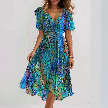 Women's Chiffon Printed V-Neck Dress Blue Dress