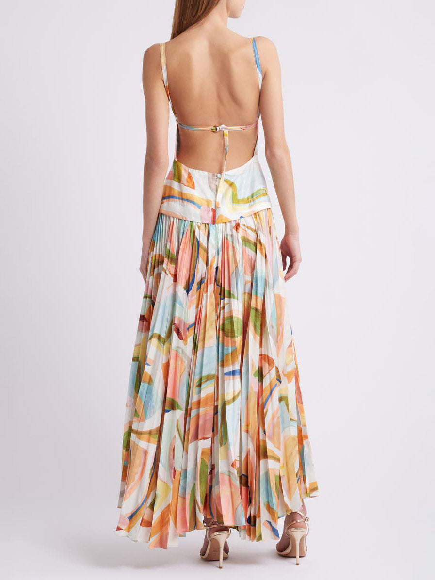 Abstract Print Open Back Pleated Maxi Dress Dresses