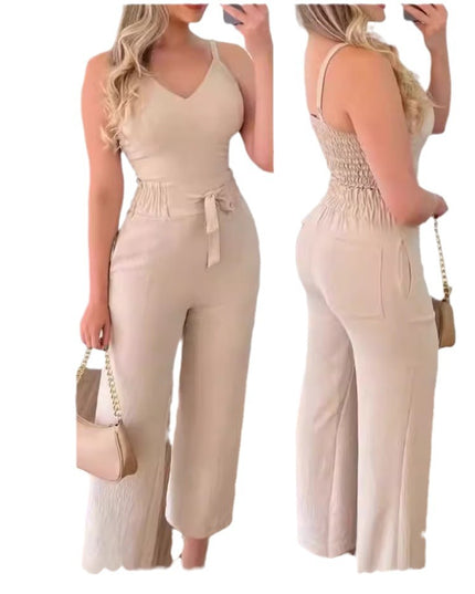 Women's Two-Piece Sleeveless V-Neck Vest & High-Waist Wide-Leg Pants Set Sets