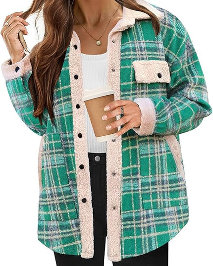 Women's Cozy Plaid Fleece Jacket Green Fleece Jacket