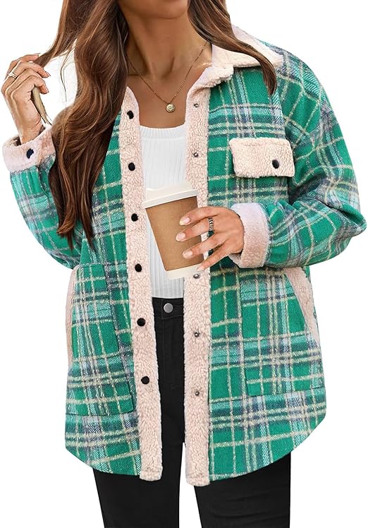 Women's Cozy Plaid Fleece Jacket Green Fleece Jacket