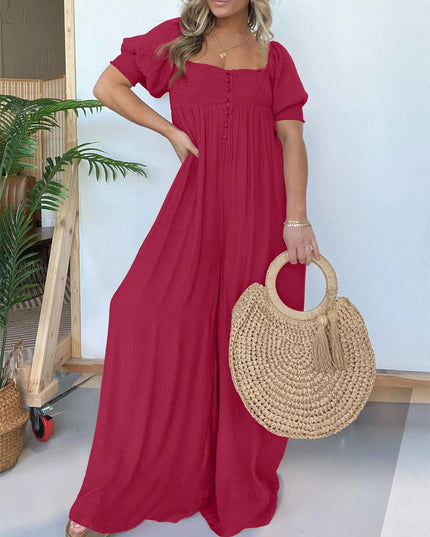 Wyn™ | Feminine Flair Smocked Jumpsuit Red Jumpsuit