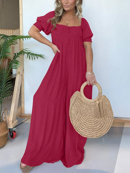 Wyn™ | Feminine Flair Smocked Jumpsuit Red Jumpsuit