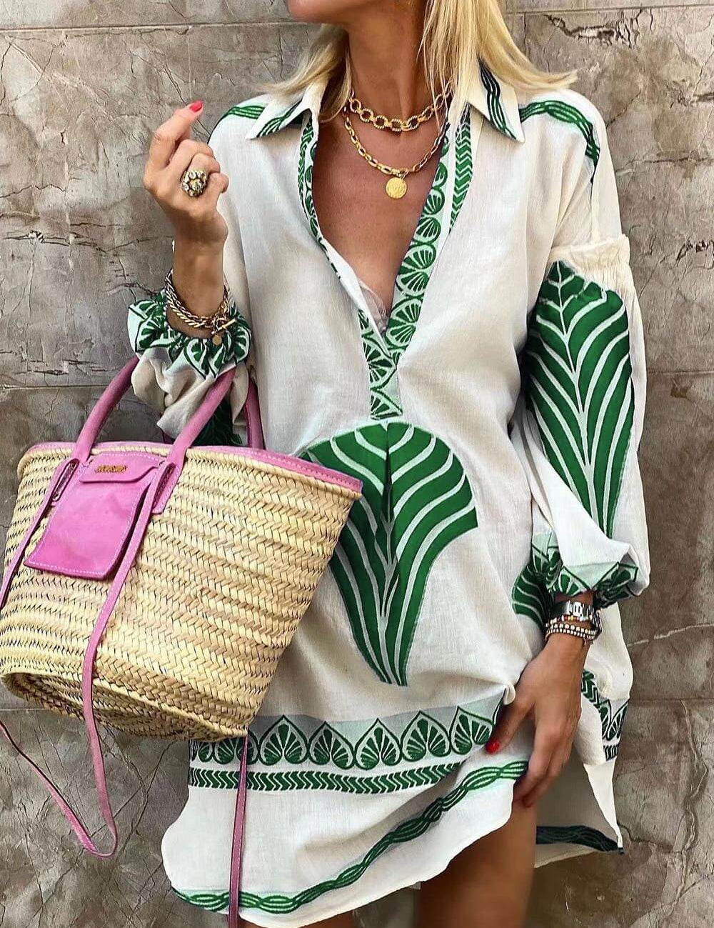 Simple Unique Print Holiday Mini Dress Green Dresses